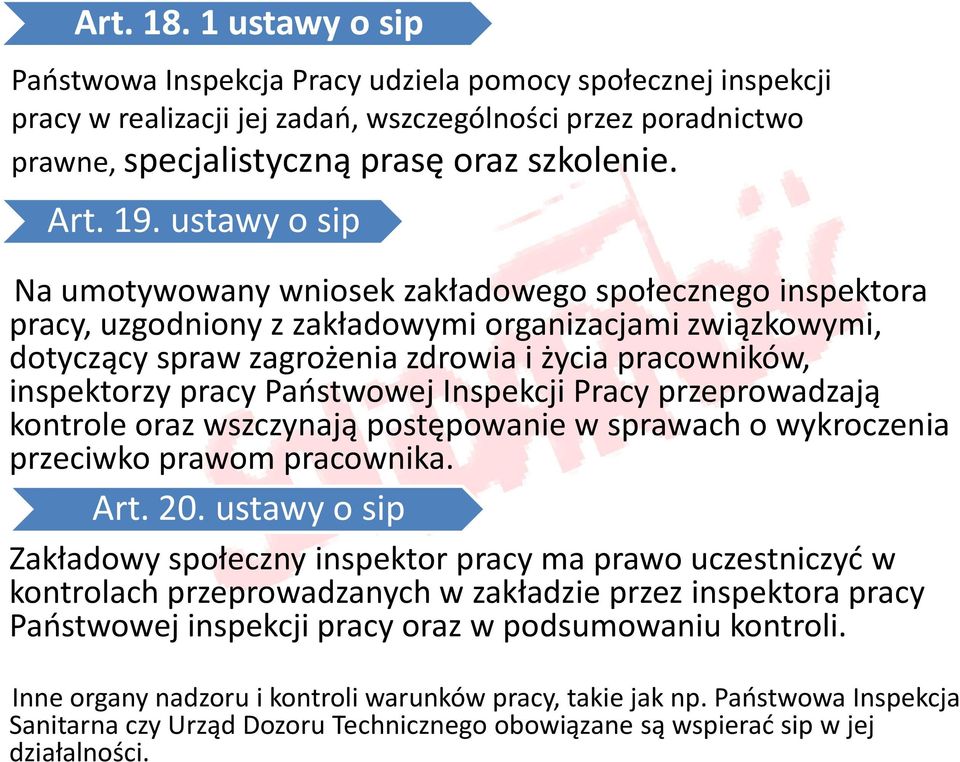 inspektorzy pracy Państwowej Inspekcji Pracy przeprowadzają kontrole oraz wszczynają postępowanie w sprawach o wykroczenia przeciwko prawom pracownika. Art. 20.