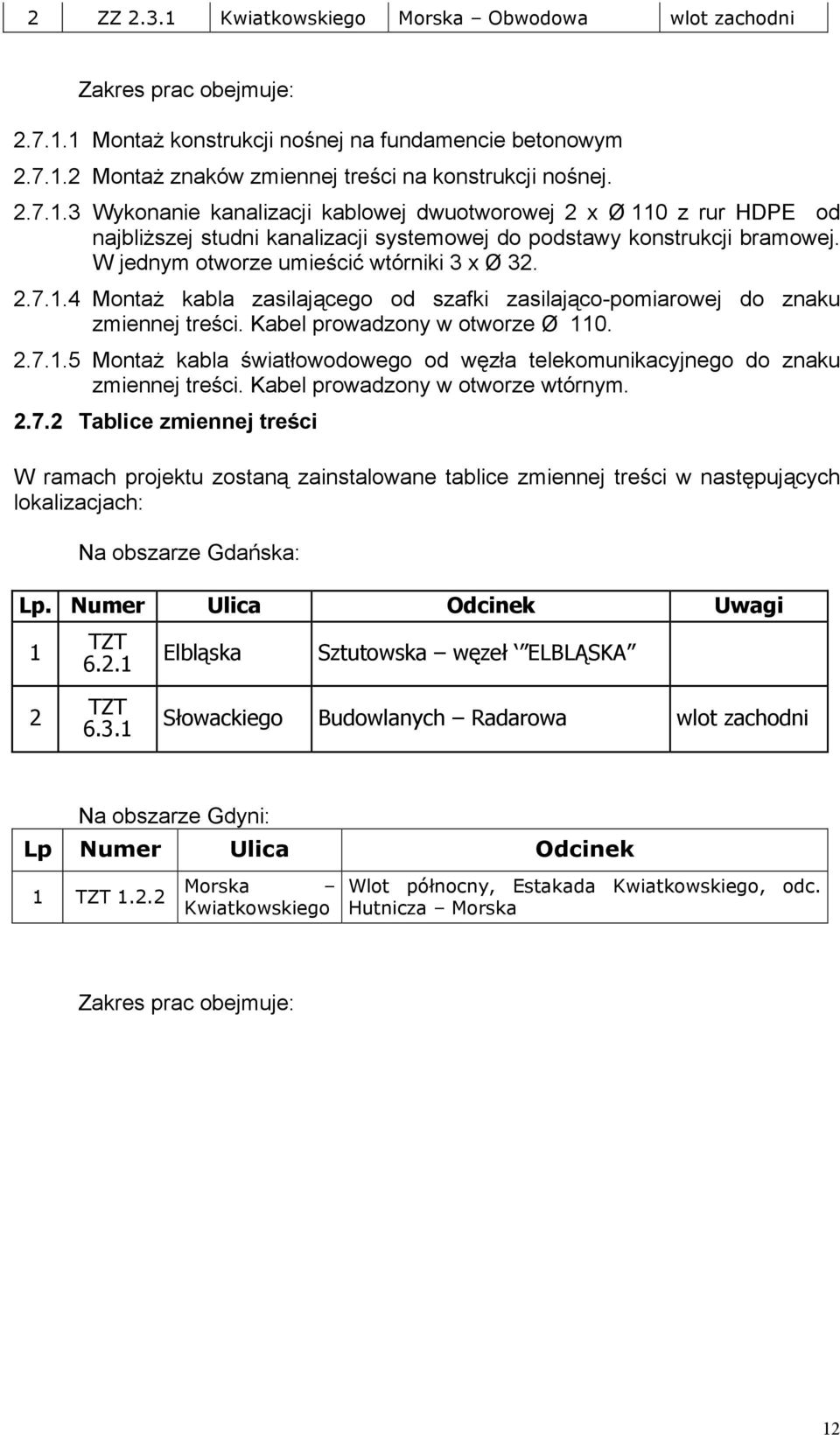 Kabel prowadzony w otworze wtórnym. 2.7.2 Tablice zmiennej treści W ramach projektu zostaną zainstalowane tablice zmiennej treści w następujących lokalizacjach: Na obszarze Gdańska: Lp.