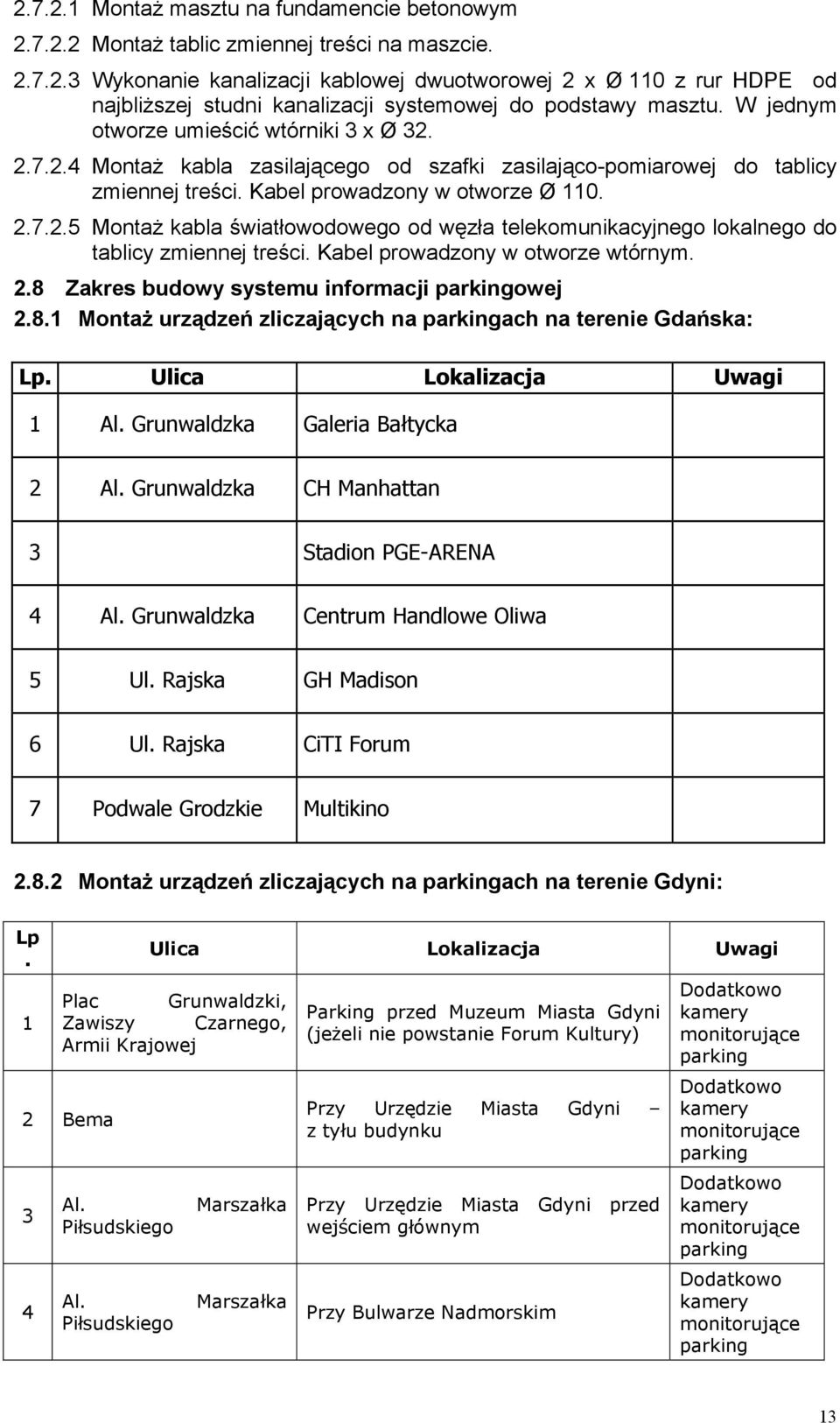 Kabel prowadzony w otworze wtórnym. 2.8 Zakres budowy systemu informacji parkingowej 2.8.1 Montaż urządzeń zliczających na parkingach na terenie Gdańska: Lp. Ulica Lokalizacja Uwagi 1 Al.