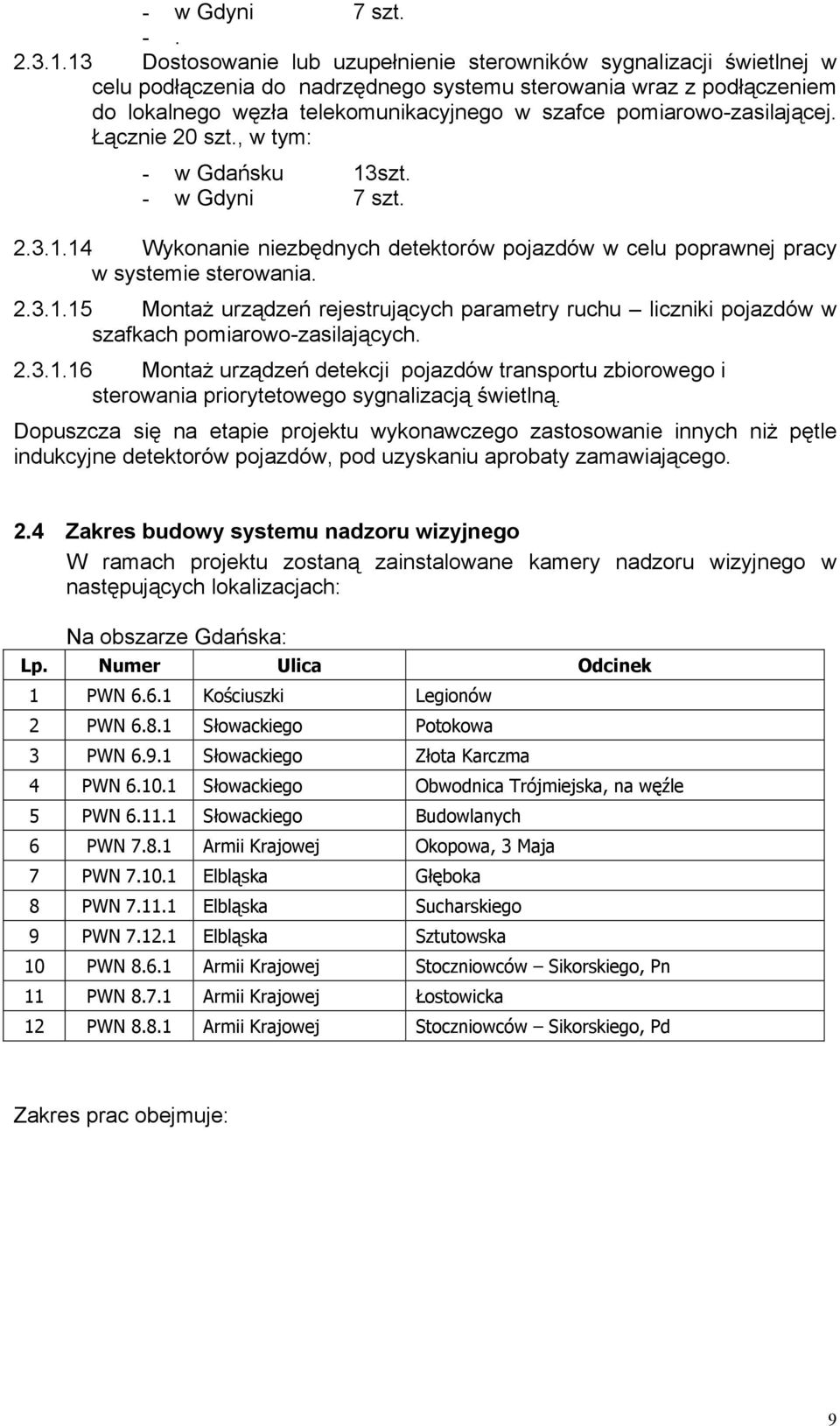 pomiarowo-zasilającej. Łącznie 20 szt., w tym: - w Gdańsku 13szt. - w Gdyni 7 szt. 2.3.1.14 Wykonanie niezbędnych detektorów pojazdów w celu poprawnej pracy w systemie sterowania. 2.3.1.15 Montaż urządzeń rejestrujących parametry ruchu liczniki pojazdów w szafkach pomiarowo-zasilających.