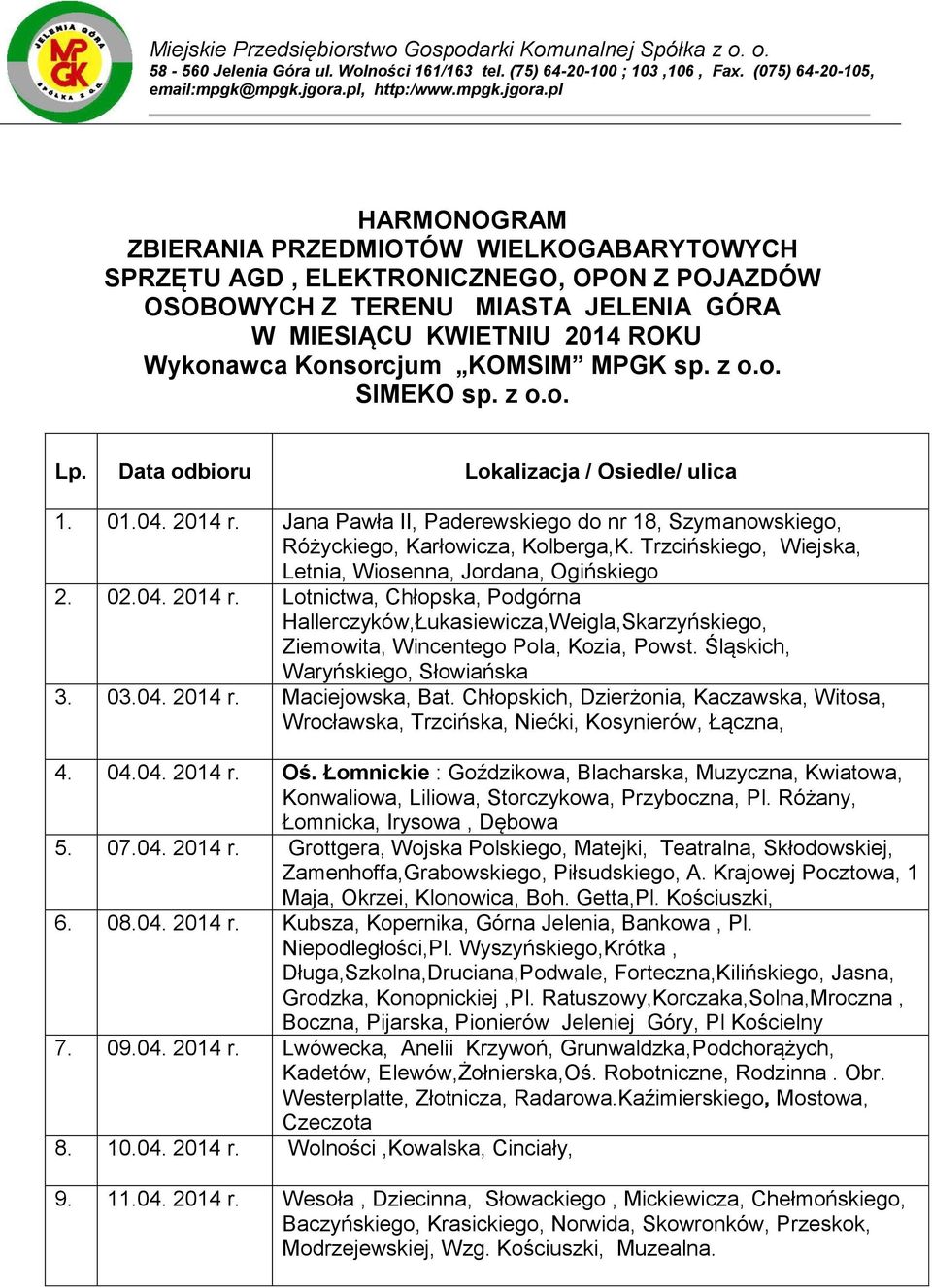 pl HARMONOGRAM ZBIERANIA PRZEDMIOTÓW WIELKOGABARYTOWYCH SPRZĘTU AGD, ELEKTRONICZNEGO, OPON Z POJAZDÓW OSOBOWYCH Z TERENU MIASTA JELENIA GÓRA W MIESIĄCU KWIETNIU 2014 ROKU Wykonawca Konsorcjum KOMSIM