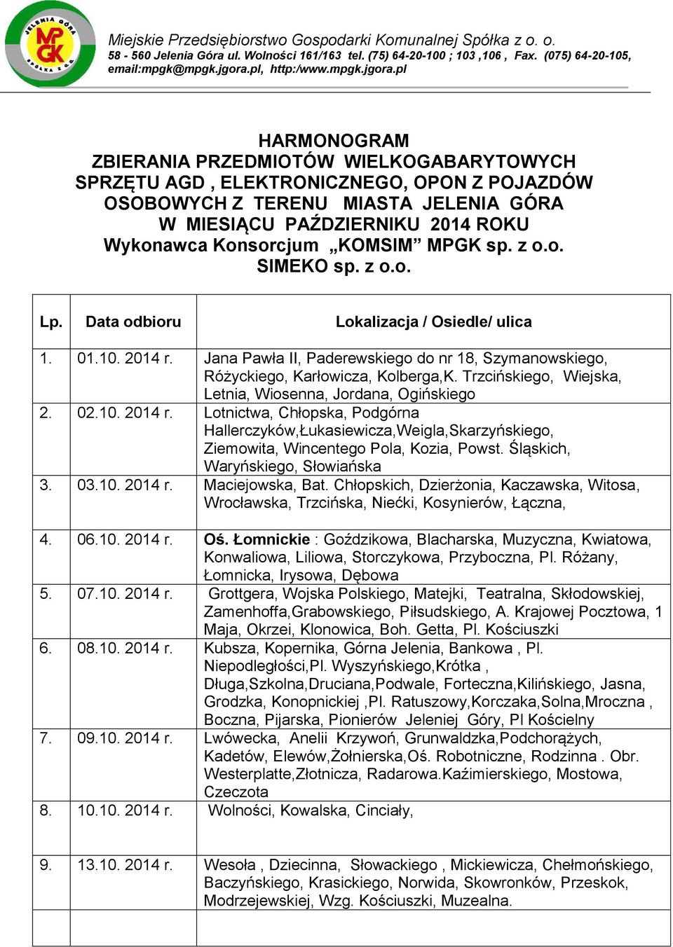 pl HARMONOGRAM ZBIERANIA PRZEDMIOTÓW WIELKOGABARYTOWYCH SPRZĘTU AGD, ELEKTRONICZNEGO, OPON Z POJAZDÓW OSOBOWYCH Z TERENU MIASTA JELENIA GÓRA W MIESIĄCU PAŹDZIERNIKU 2014 ROKU Wykonawca Konsorcjum