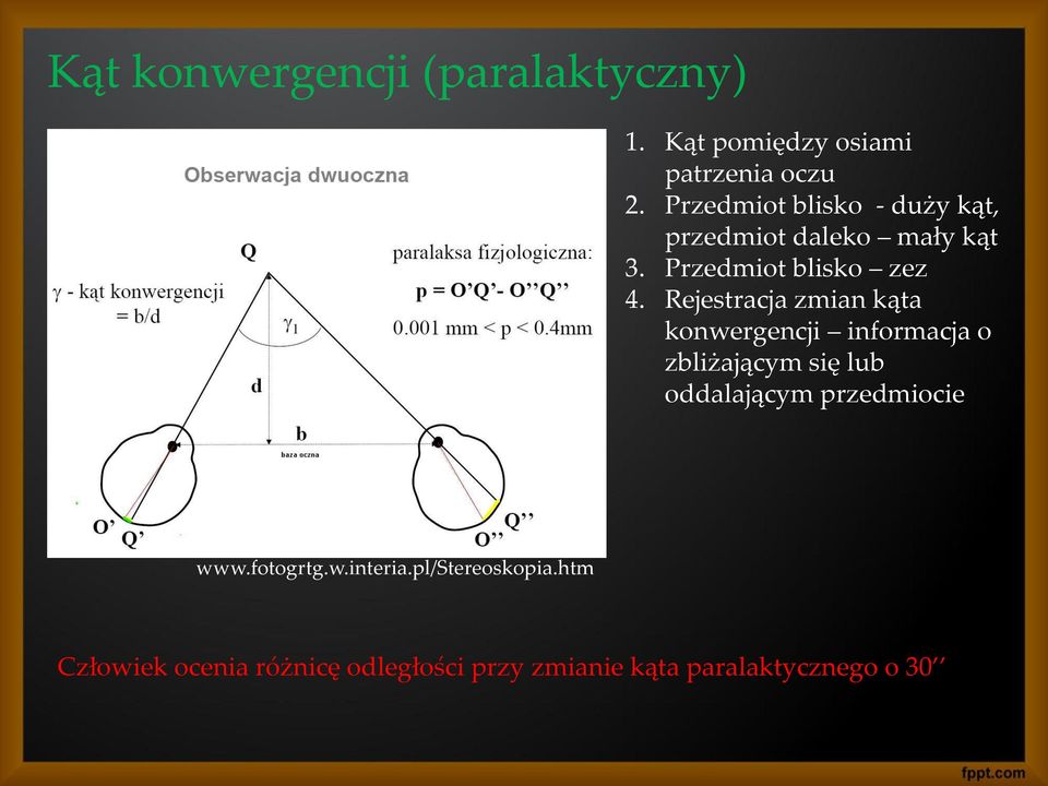 Rejestracja zmian kąta konwergencji informacja o zbliżającym się lub oddalającym