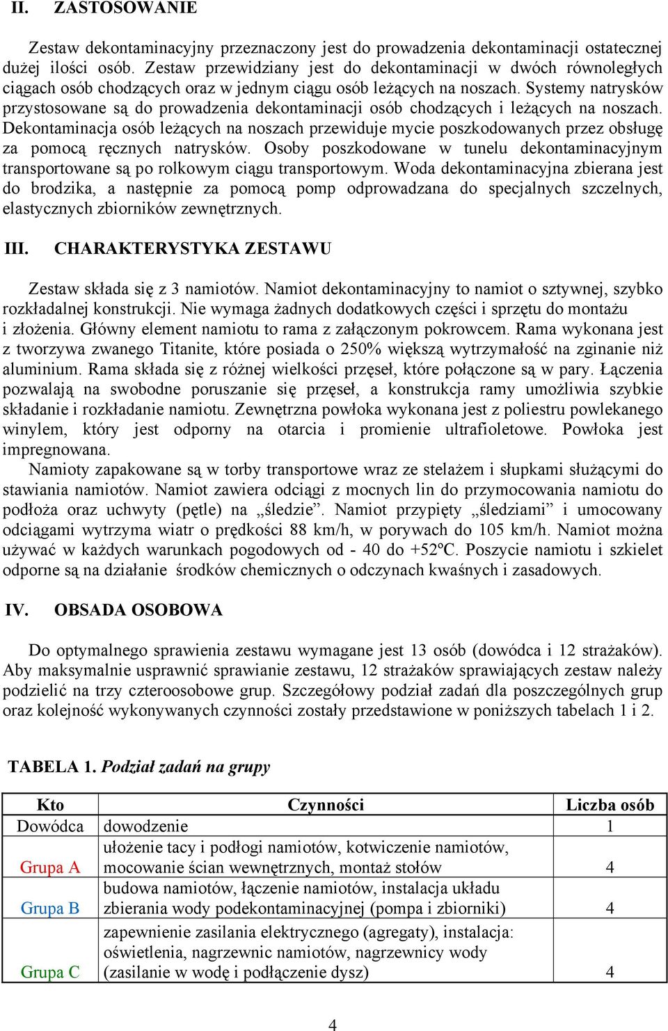 Systemy natrysków przystosowane są do prowadzenia dekontaminacji osób chodzących i leżących na noszach.