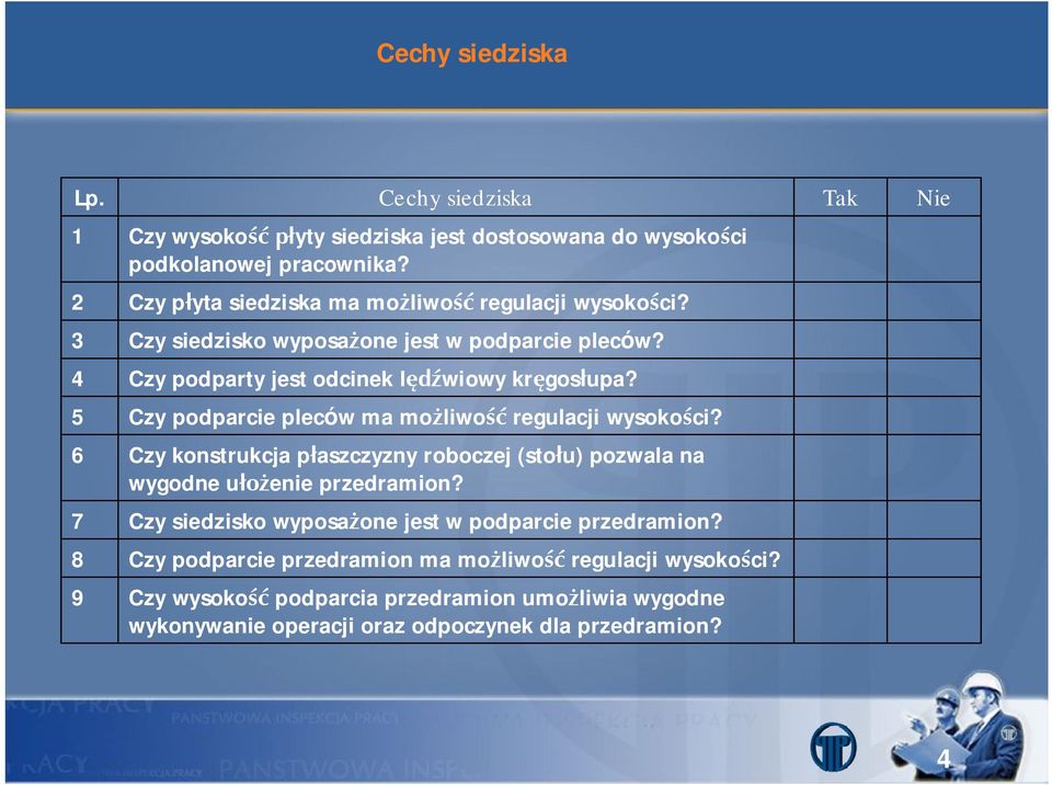 5 Czy podparcie pleców ma możliwość regulacji wysokości? 6 Czy konstrukcja płaszczyzny roboczej (stołu) pozwala na wygodne ułożenie przedramion?