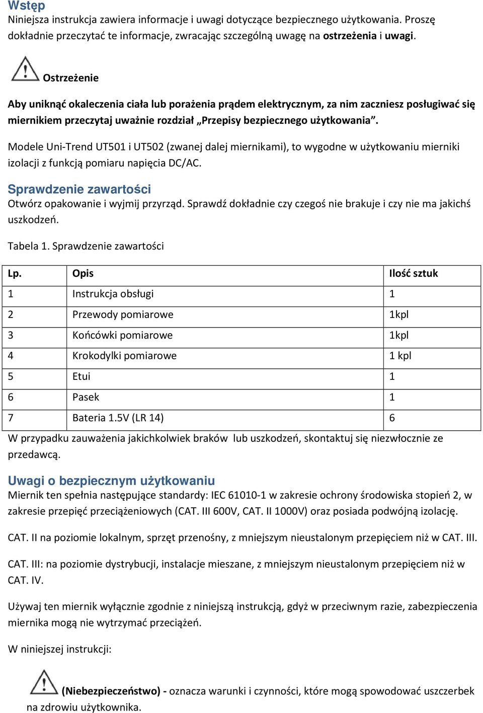 Modele Uni-Trend UT501 i UT502 (zwanej dalej miernikami), to wygodne w użytkowaniu mierniki izolacji z funkcją pomiaru napięcia DC/AC. Sprawdzenie zawartości Otwórz opakowanie i wyjmij przyrząd.