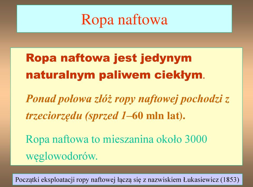 mln lat). Ropa naftowa to mieszanina około 3000 węglowodorów.