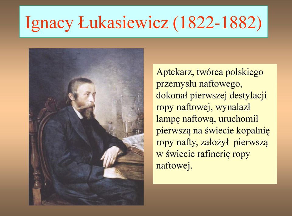 naftowej, wynalazł lampę naftową, uruchomił pierwszą na