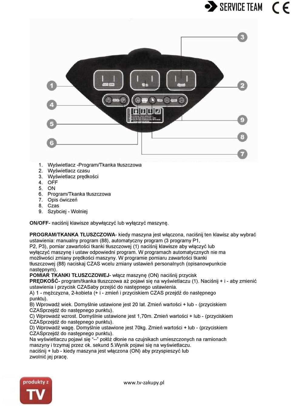 PROGRAM/TKANKA TŁUSZCZOWA- kiedy maszyna jest włączona, naciśnij ten klawisz aby wybrać ustawienia: manualny program (88), automatyczny program (3 programy P1, P2, P3), pomiar zawartości tkanki