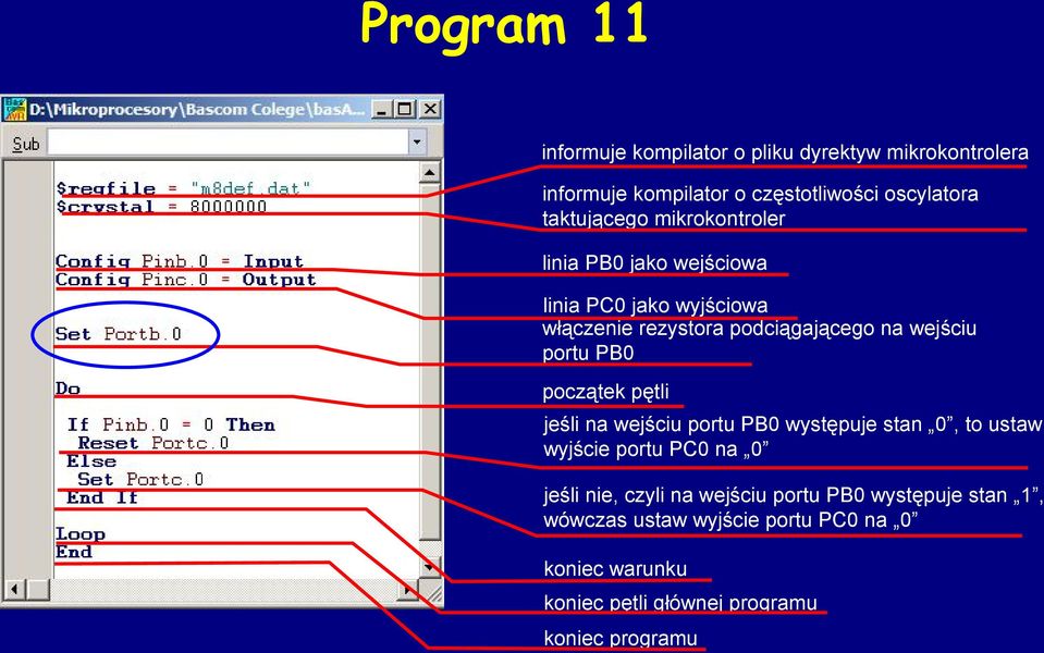 portu PB0 początek pętli jeśli na wejściu portu PB0 występuje stan 0, to ustaw wyjście portu PC0 na 0 jeśli nie, czyli na