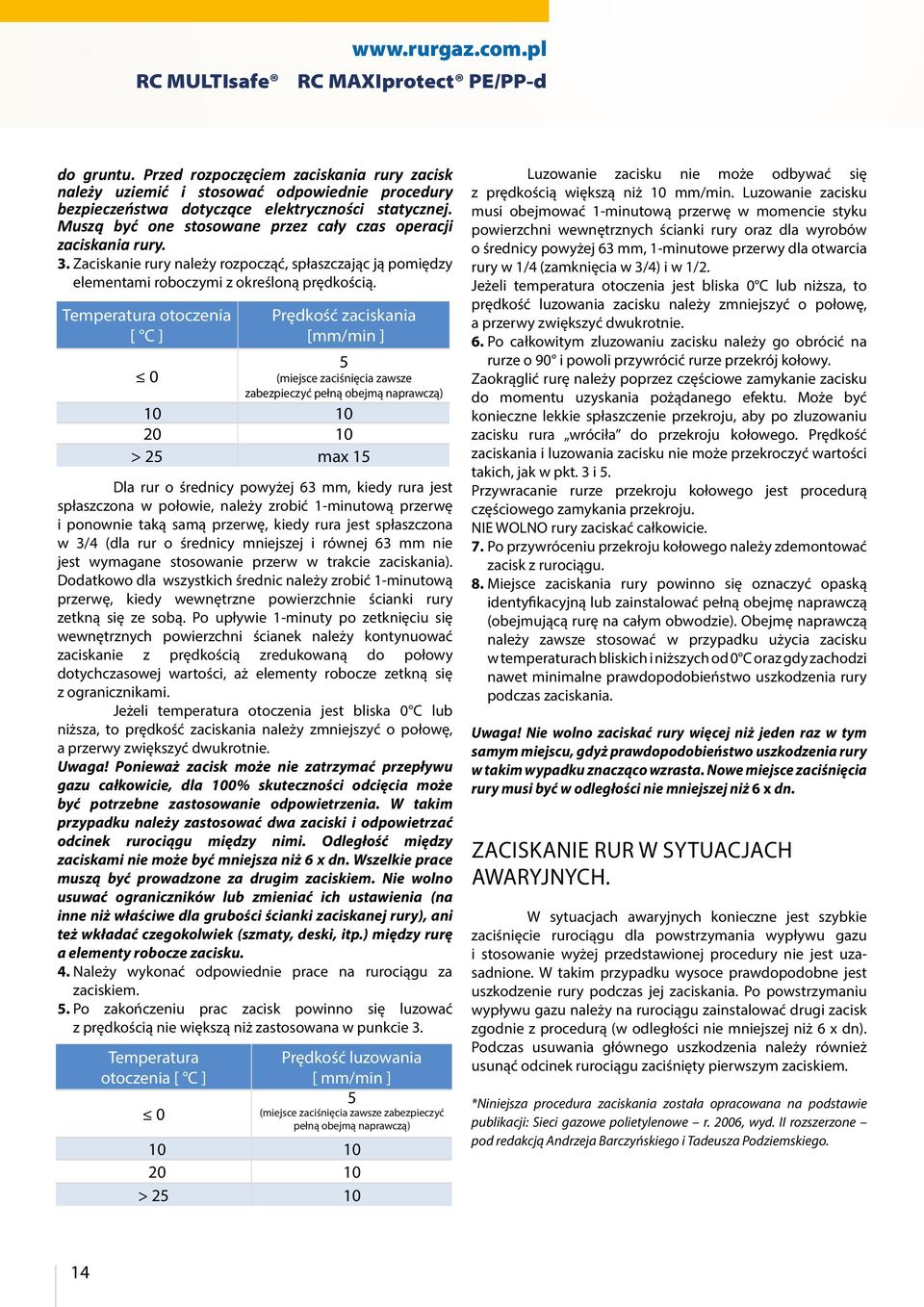 Tmpratura otocznia [ C ] Prędkość zaciskania [mm/min ] 0 5 (mijsc zaciśnięcia zawsz zabzpiczyć płną objmą naprawczą) 10 10 20 10 > 25 max 15 Dla rur o śrdnicy powyżj 63 mm, kidy rura jst spłaszczona