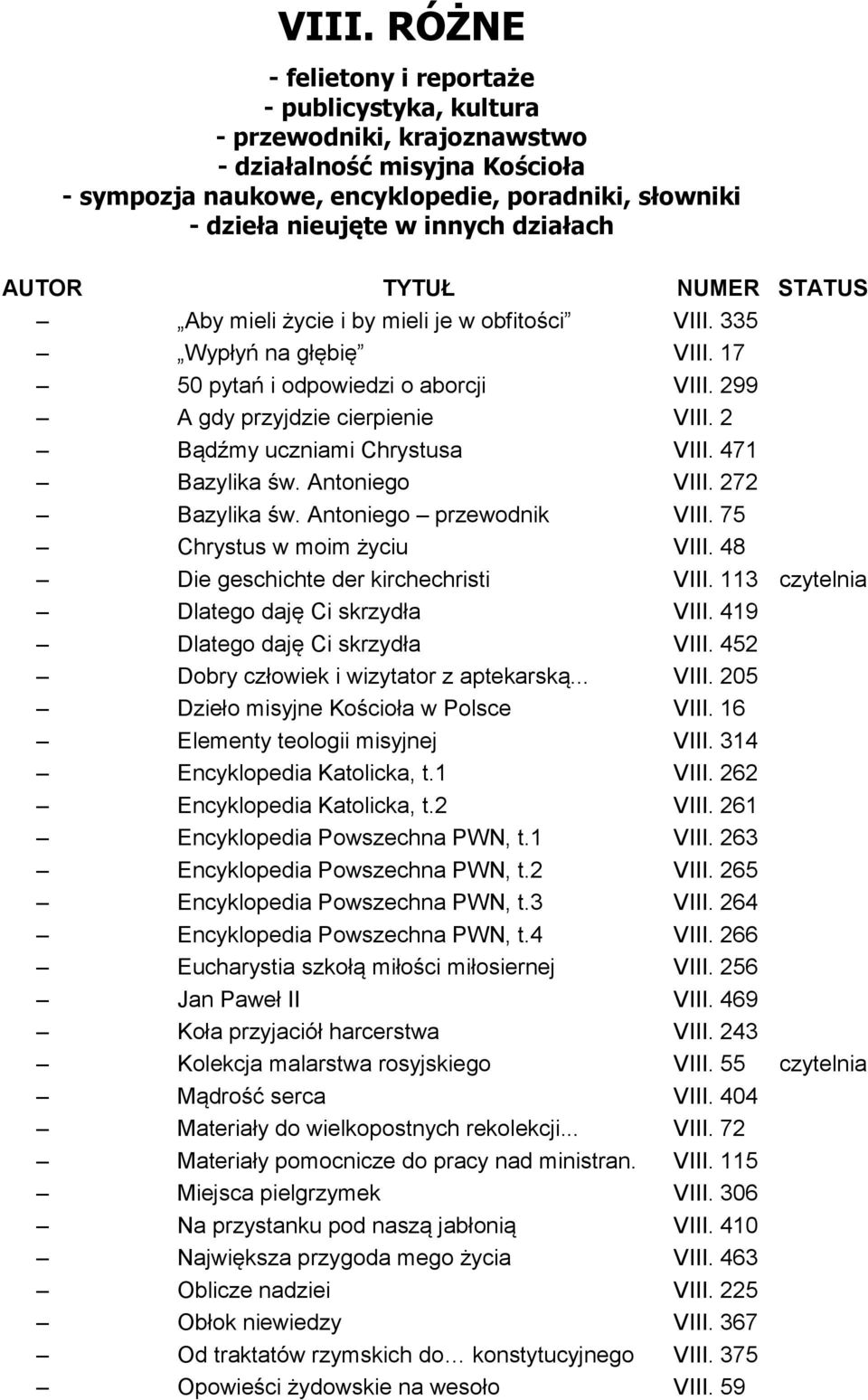 2 Bądźmy uczniami Chrystusa VIII. 471 Bazylika św. Antoniego VIII. 272 Bazylika św. Antoniego przewodnik VIII. 75 Chrystus w moim życiu VIII. 48 Die geschichte der kirchechristi VIII.