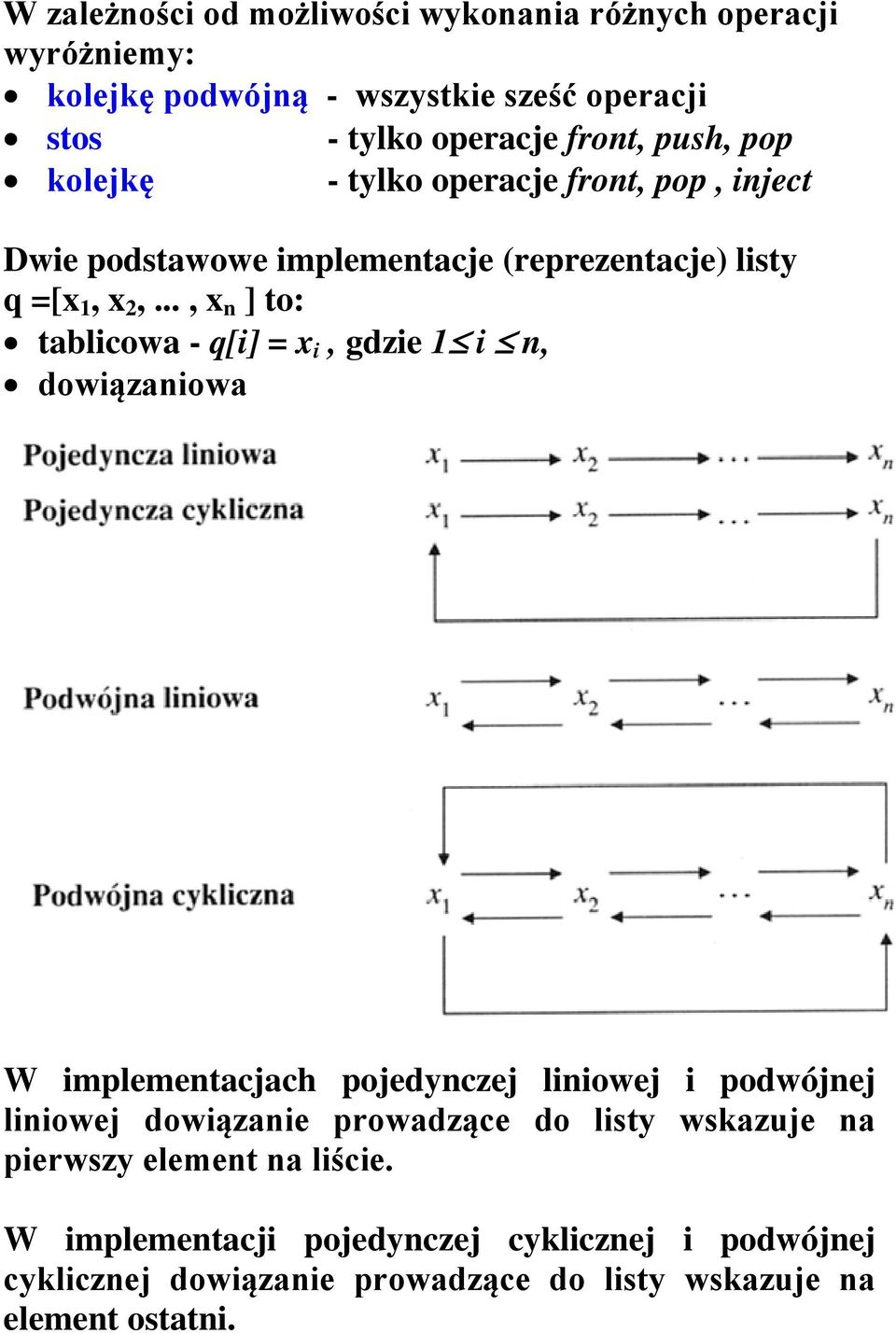 .., x n ] to: tablicowa - q[i] = x i, gdzie 1 i n, dowiązaniowa W implementacjach pojedynczej liniowej i podwójnej liniowej dowiązanie