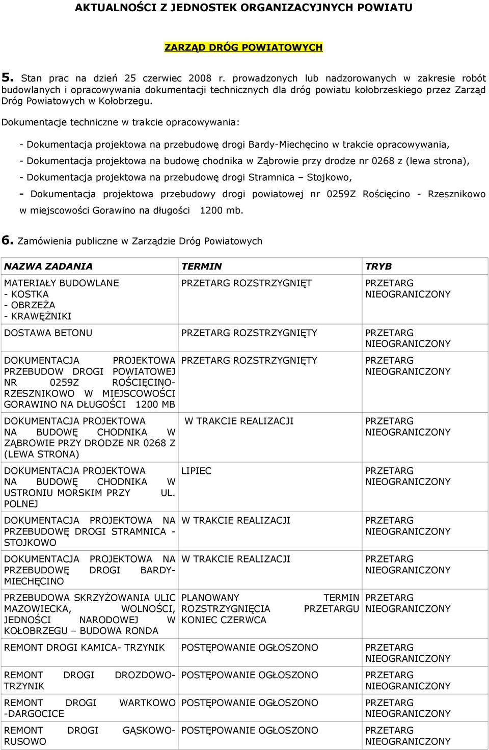 Dokumentacje techniczne w trakcie opracowywania: - Dokumentacja projektowa na przebudowę drogi Bardy-Miechęcino w trakcie opracowywania, - Dokumentacja projektowa na budowę chodnika w Ząbrowie przy