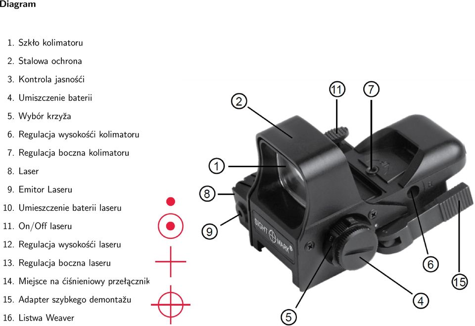 Emitor Laseru 10. Umieszczenie baterii laseru 11. On/Off laseru 12. Regulacja wysokośći laseru 13.
