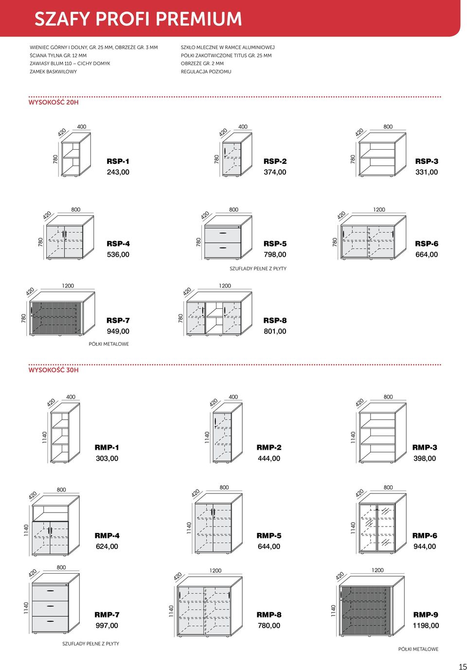 2 MM REGULACJA POZIOMU WYSOKOŚĆ 20H RSP-1 243,00 RSP-2 374,00 RSP-3 331,00 RSP-4 536,00 RSP-5 798,00 RSP-6 664,00 SZUFLADY PEŁNE Z PŁYTY RSP-7