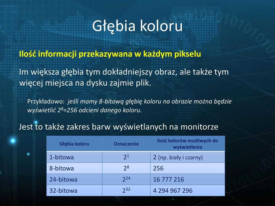 Przykładowo: jeśli mamy 8-bitową głębię koloru na obrazie można będzie wyświetlić 2 8 =256 odcieni danego koloru.