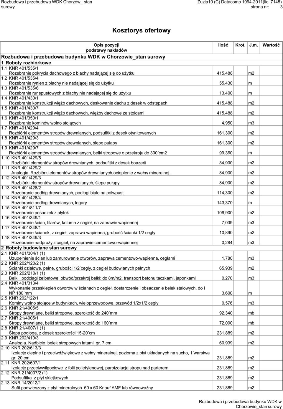 3 KNR 401/535/6 Rozebranie rur spustowych z blachy nie nadającej się do użytku 13,400 m 1.4 KNR 401/430/1 Rozebranie konstrukcji więźb dachowych, deskowanie dachu z desek w odstępach 415,488 m2 1.