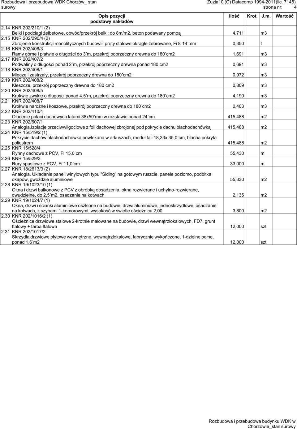 16 KNR 202/406/3 Ramy górne i płatwie o długości do 3 m, przekrój poprzeczny drewna do 180 cm2 1,691 m3 2.