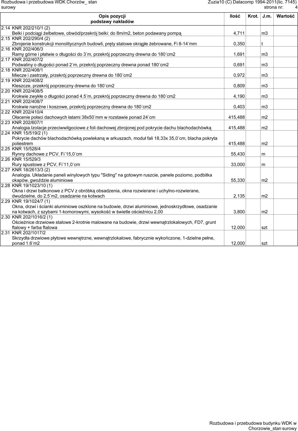 16 KNR 202/406/3 Ramy górne i płatwie o długości do 3 m, przekrój poprzeczny drewna do 180 cm2 1,691 m3 2.