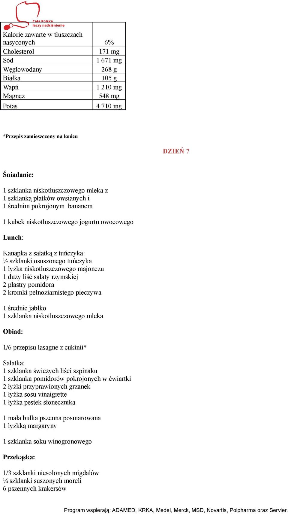 duży liść sałaty rzymskiej 2 plastry pomidora 2 kromki pełnoziarnistego pieczywa 1 średnie jabłko 1 szklanka niskotłuszczowego mleka 1/6 przepisu lasagne z cukinii* Sałatka: 1 szklanka świeżych liści