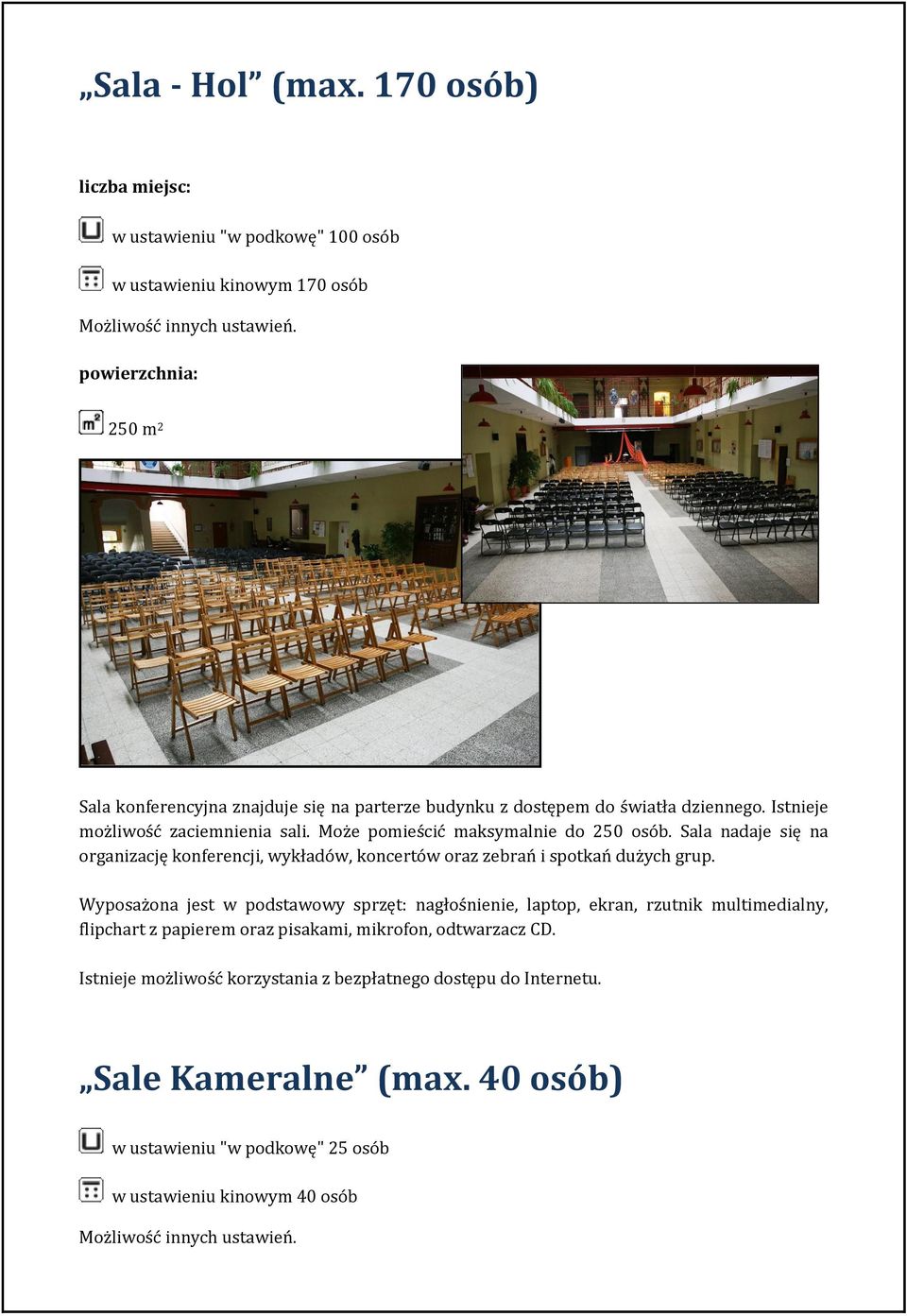 Sala nadaje się na organizację konferencji, wykładów, koncertów oraz zebrań i spotkań dużych grup.