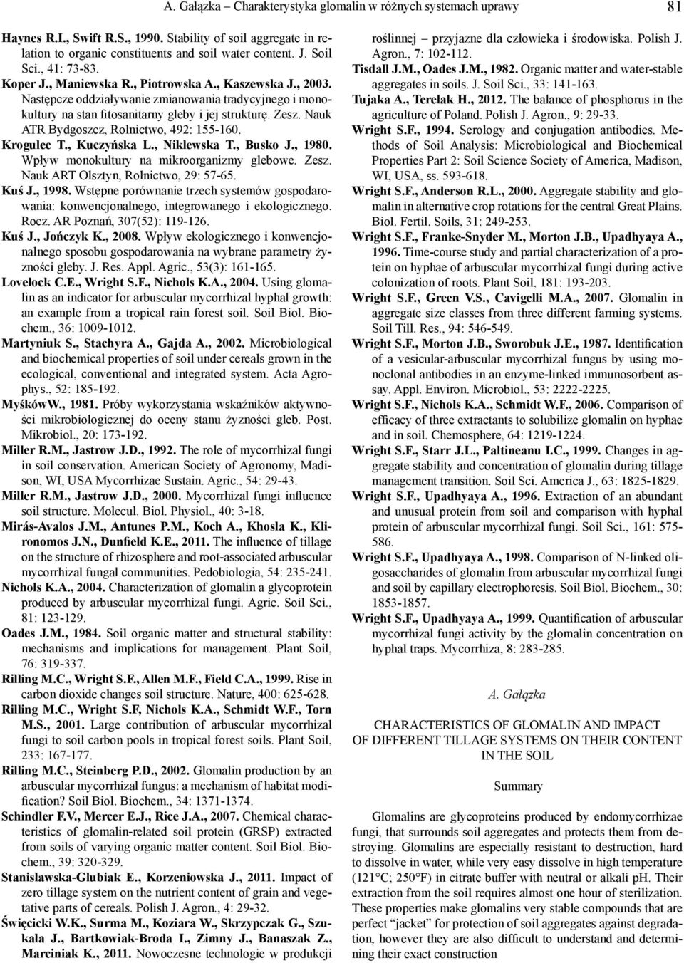 Nauk ATR Bydgoszcz, Rolnictwo, 492: 155-160. Krogulec T., Kuczyńska L., Niklewska T., Busko J., 1980. Wpływ monokultury na mikroorganizmy glebowe. Zesz. Nauk ART Olsztyn, Rolnictwo, 29: 57-65. Kuś J.