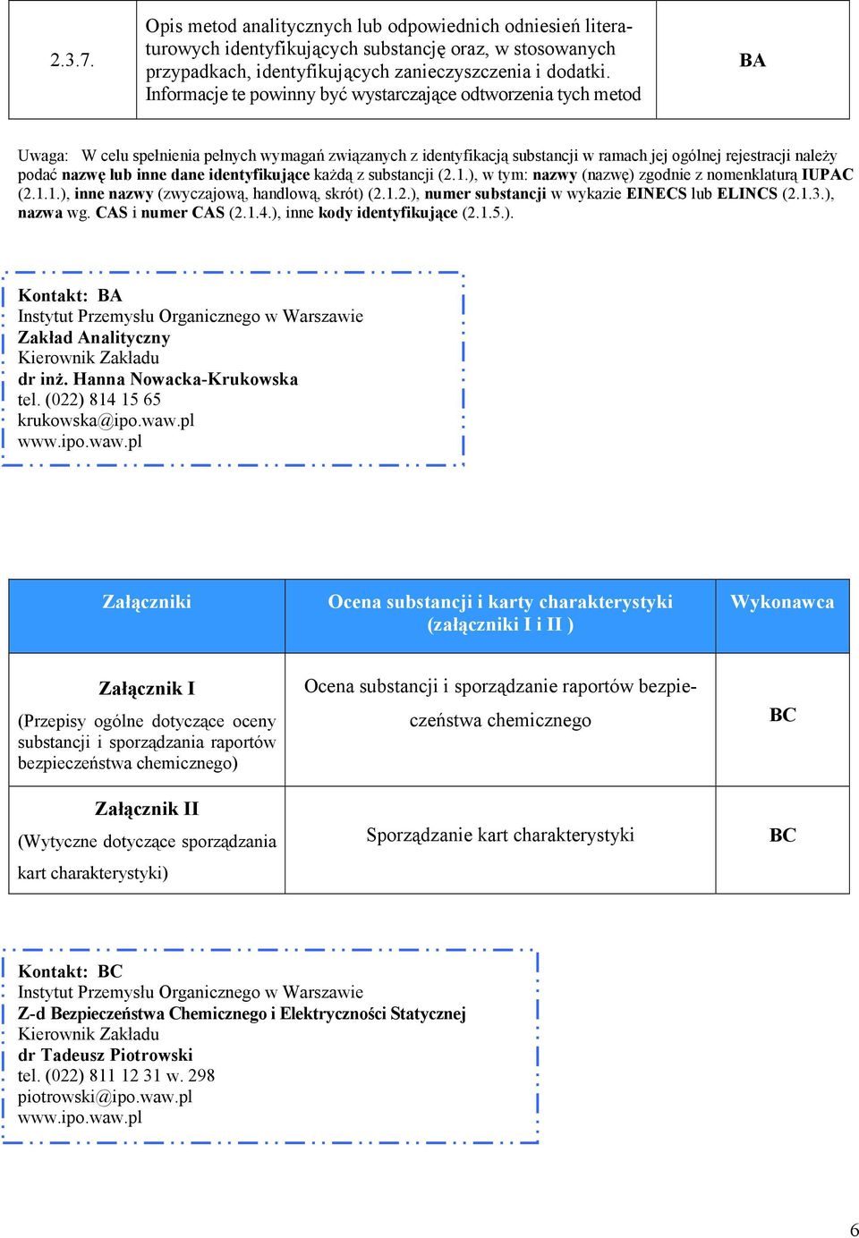 inne dane identyfikujące każdą z substancji (2.1.), w tym: nazwy (nazwę) zgodnie z nomenklaturą IUPAC (2.1.1.), inne nazwy (zwyczajową, handlową, skrót) (2.1.2.), numer substancji w wykazie EINECS lub ELINCS (2.