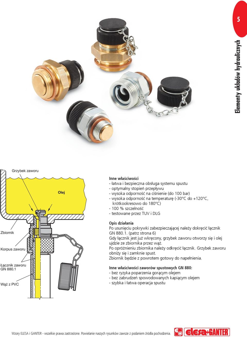 1 Wąż z PVC Opis działania Po usunięciu pokrywki zabezpieczającej należy dokręcić łącznik GN 880.1. (patrz strona 6) Gdy łącznik jest już wkręcony, grzybek zaworu otworzy się i olej ujdzie ze zbiornika przez wąż.