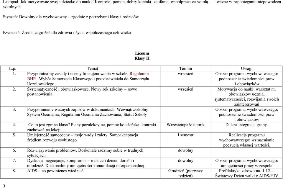 Przypominamy zasady i normy funkcjonowania w szkole. Regulamin BHP. Wybór Samorządu Klasowego i przedstawiciela do Samorządu Uczniowskiego 2. Systematyczność i obowiązkowość.
