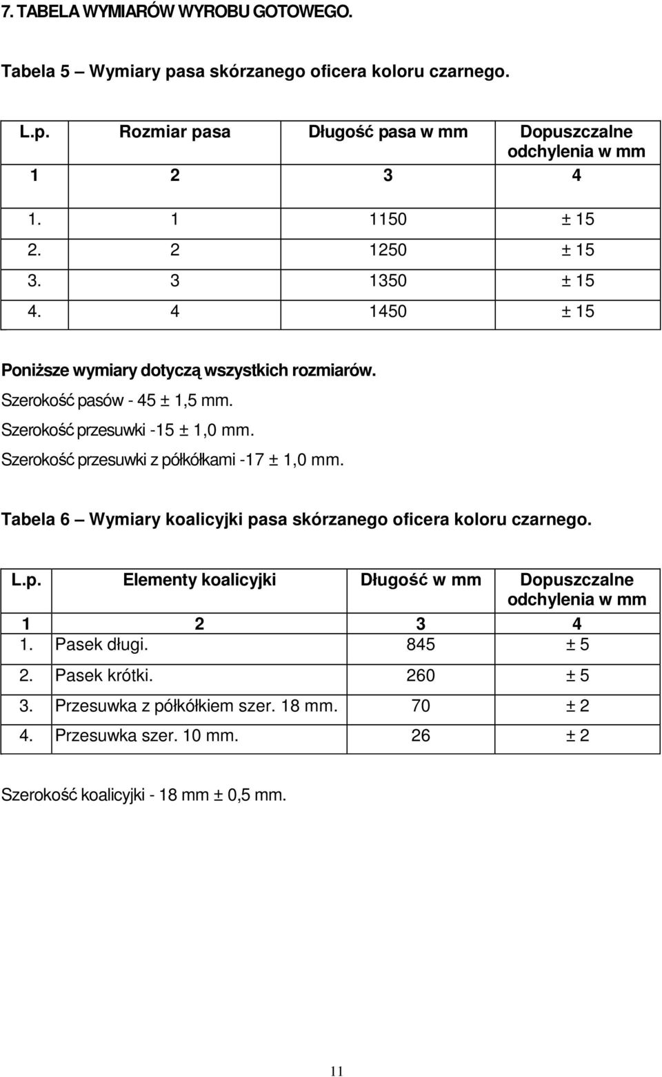 Szerokość przesuwki z półkółkami -17 ± 1,0 mm. Tabela 6 Wymiary koalicyjki pasa skórzanego oficera koloru czarnego. L.p. Elementy koalicyjki Długość w mm Dopuszczalne odchylenia w mm 1 2 3 4 1.