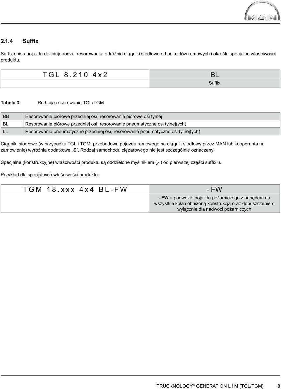 tylnej(ych) Resorowanie pneumatyczne przedniej osi, resorowanie pneumatyczne osi tylnej(ych) Ciągniki siodłowe (w przypadku TGL i TGM, przebudowa pojazdu ramowego na ciągnik siodłowy przez MAN lub