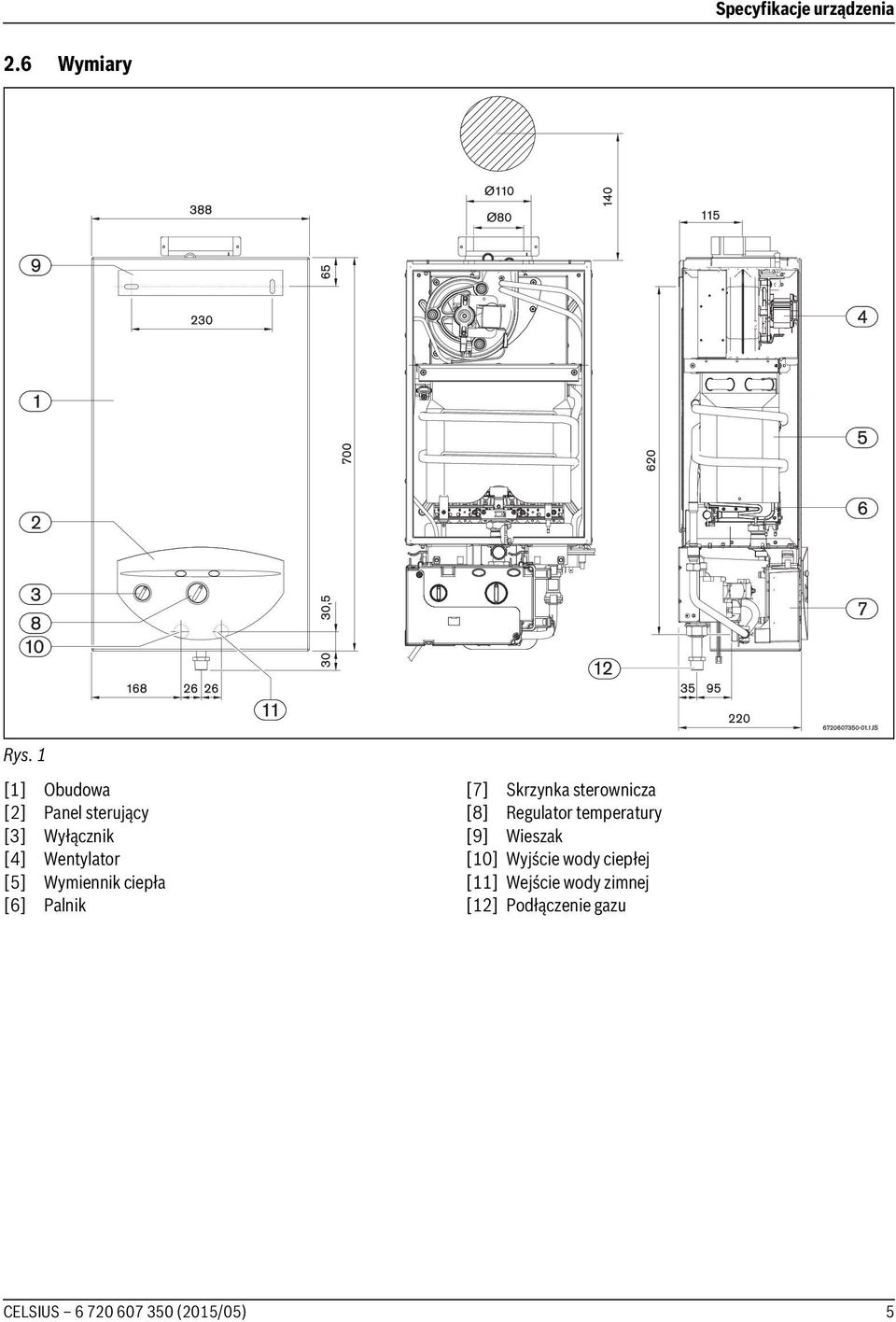 Wymiennik ciepła [6] Palnik [7] Skrzynka sterownicza [8] Regulator