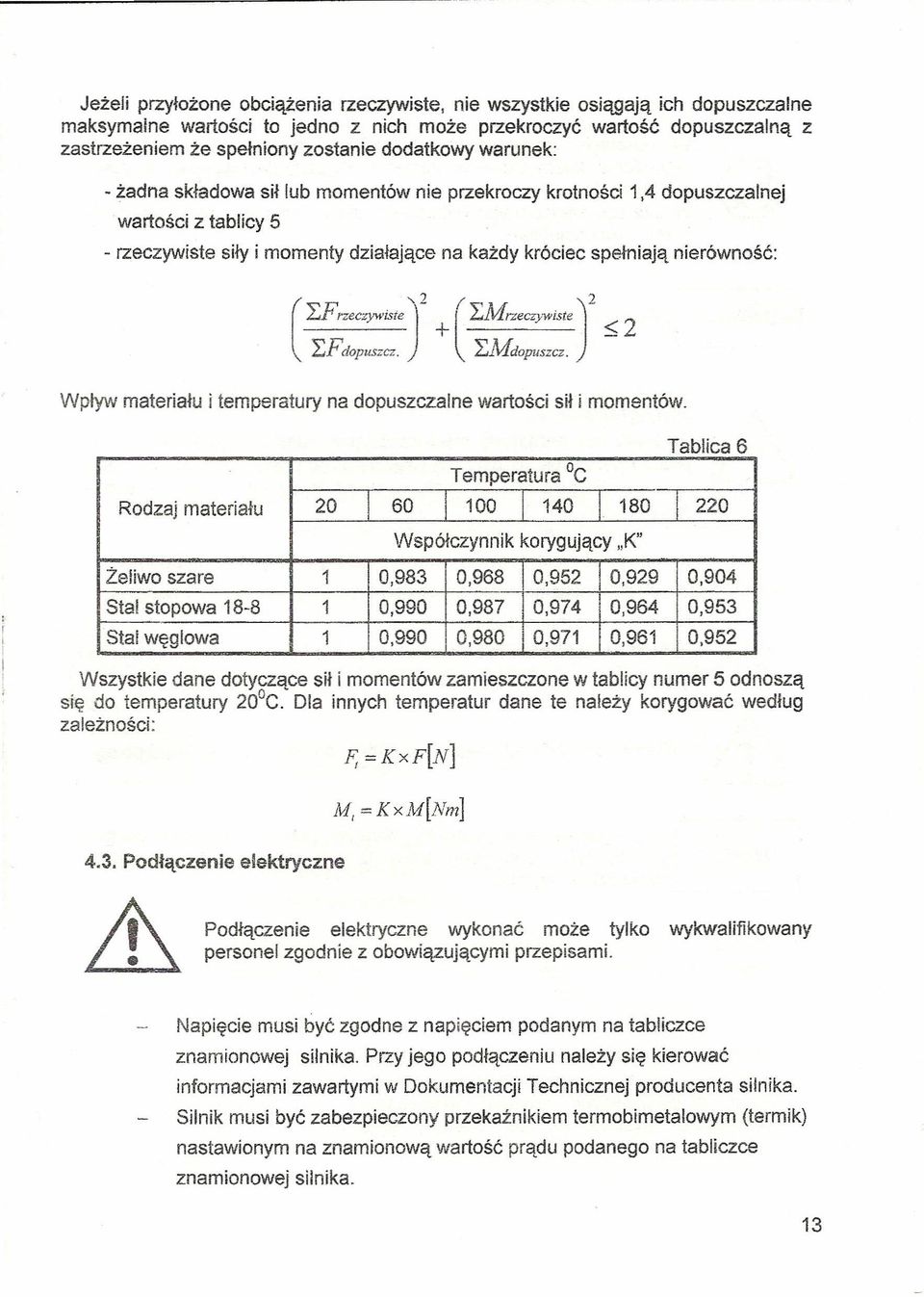 LF rzeczywiste')2 + lf LM rzeczywiste)2 ::;2 LFdopuszcz. J LMdopuszcz. Wpływ materiału i temperatury na dopuszczalne wartości sił i momentów.