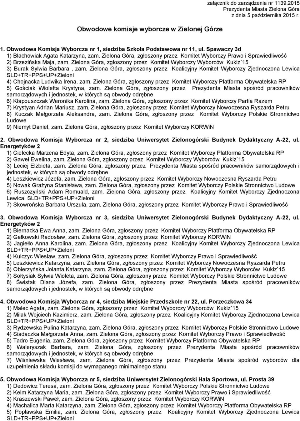 Zielona Góra, zgłoszony przez Komitet Wyborczy Wyborców Kukiz`15 3) Burak Sylwia Barbara, zam.
