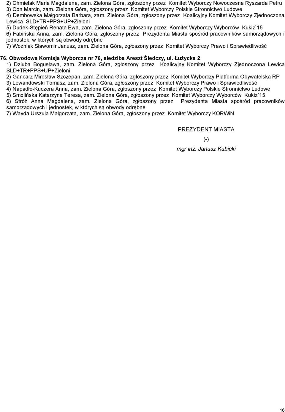 Zielona Góra, zgłoszony przez Koalicyjny Komitet Wyborczy Zjednoczona Lewica 5) Dudek-Stępień Renata Ewa, zam. Zielona Góra, zgłoszony przez Komitet Wyborczy Wyborców Kukiz`15 6) Fabińska Anna, zam.