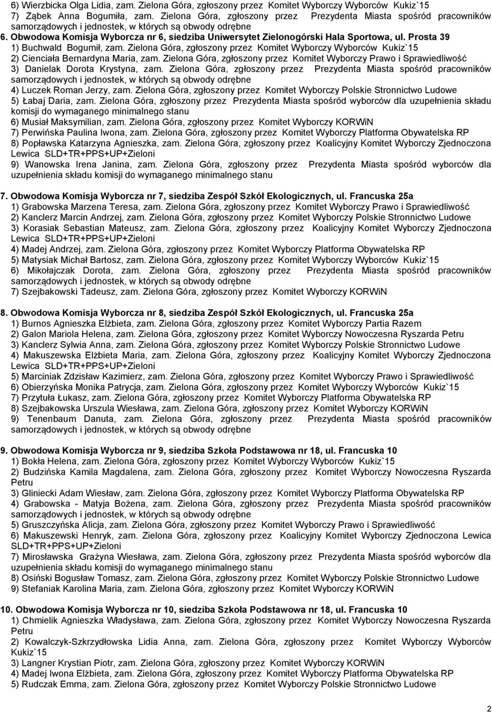 Zielona Góra, zgłoszony przez Komitet Wyborczy Wyborców Kukiz`15 2) Cienciała Bernardyna Maria, zam.