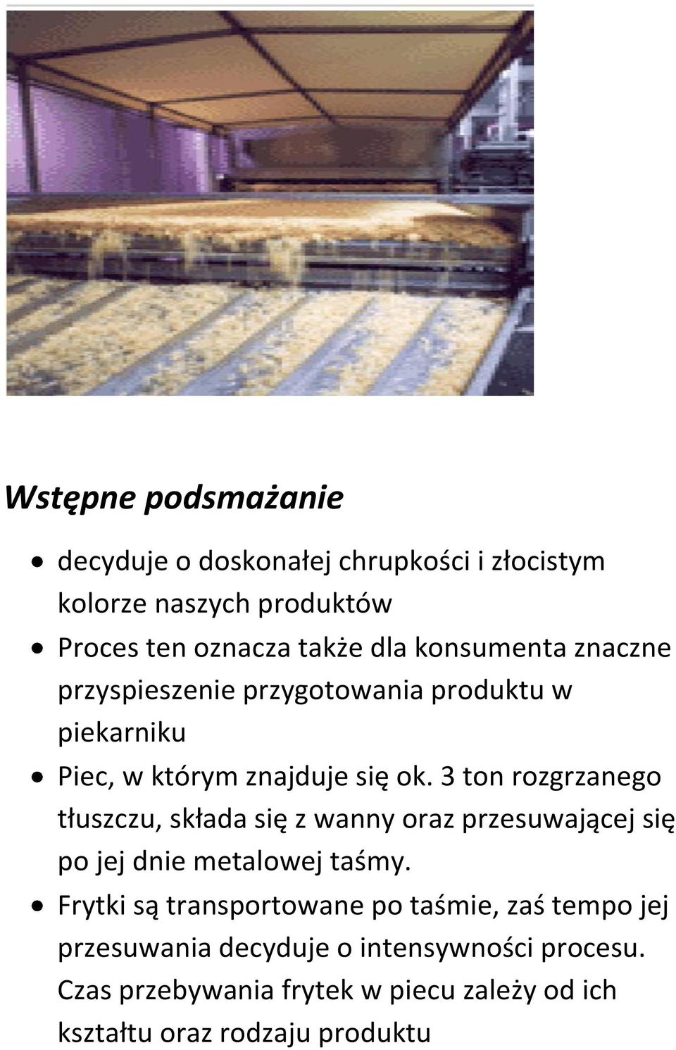 3 ton rozgrzanego tłuszczu, składa się z wanny oraz przesuwającej się po jej dnie metalowej taśmy.