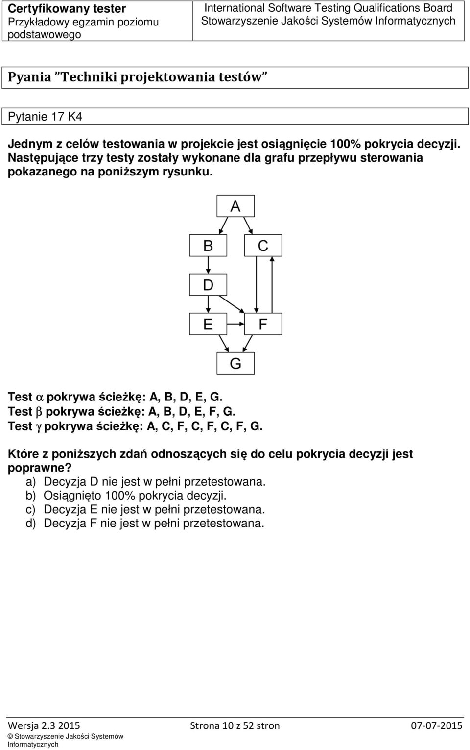 Test β pokrywa ścieżkę: A, B, D, E, F, G. Test γ pokrywa ścieżkę: A, C, F, C, F, C, F, G.