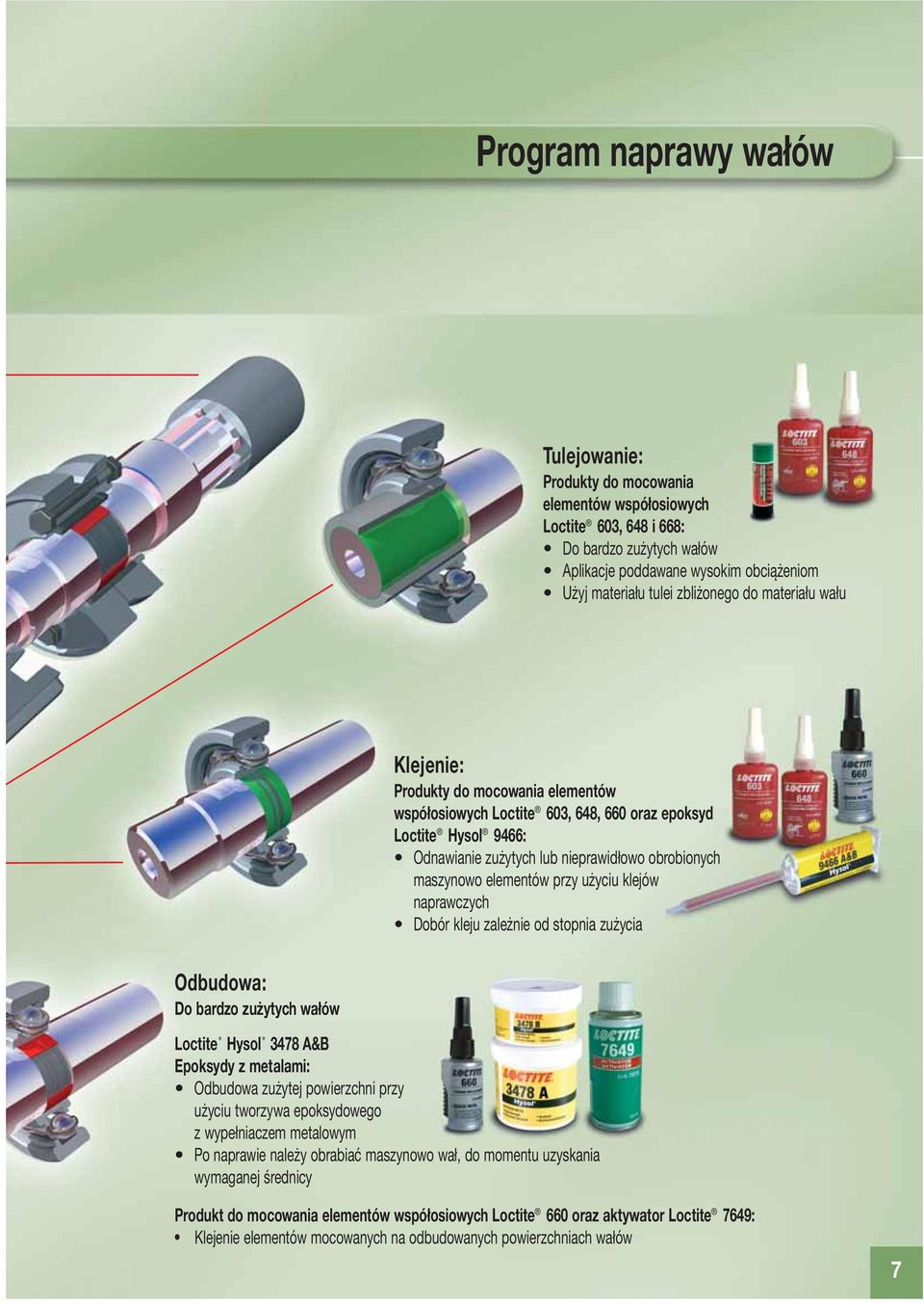 naprawczych Dobór kleju zależnie od stopnia zużycia Odbudowa: Do bardzo zużytych wałów Hysol 3478 A&B Epoksydy z metalami: Odbudowa zużytej powierzchni przy użyciu tworzywa epoksydowego z