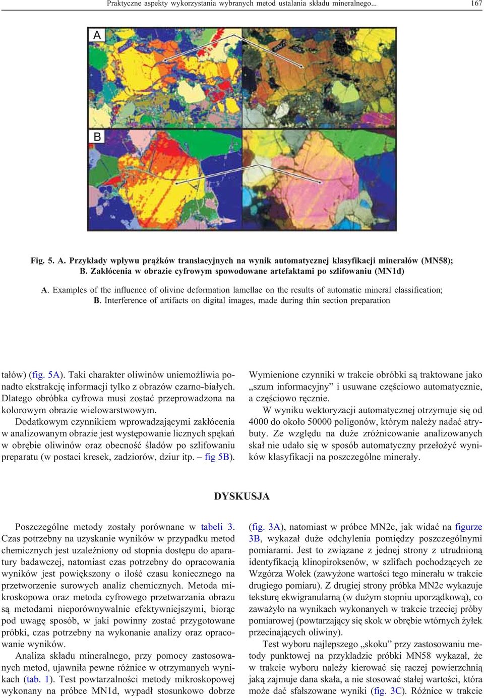 Interference of artifacts on digital images, made during thin section preparation ta³ów) (fig. 5A). Taki charakter oliwinów uniemo liwia ponadto ekstrakcjê informacji tylko z obrazów czarno-bia³ych.