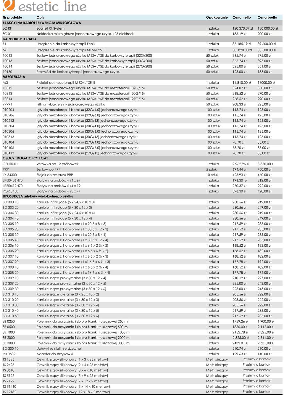 500 00 zł 10012 Zestaw jednorazowego użytku MESALYSE do karboksyterapii (32G/200) 50 sztuk 365.74 zł 395.00 zł 10013 Zestaw jednorazowego użytku MESALYSE do karboksyterapii (30G/200) 50 sztuk 365.