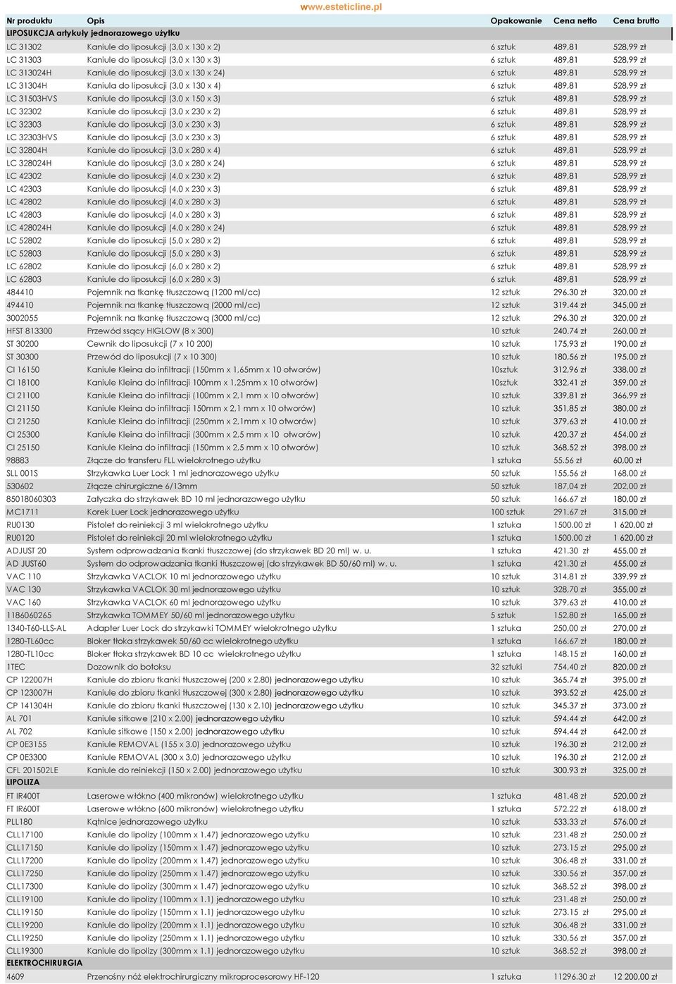 Kaniule do liposukcji (3,0 x 130 x 24) 6 sztuk 489,81 528,99 zł LC 31304H Kaniula do liposukcji (3,0 x 130 x 4) 6 sztuk 489,81 528,99 zł LC 31503HVS Kaniule do liposukcji (3,0 x 150 x 3) 6 sztuk