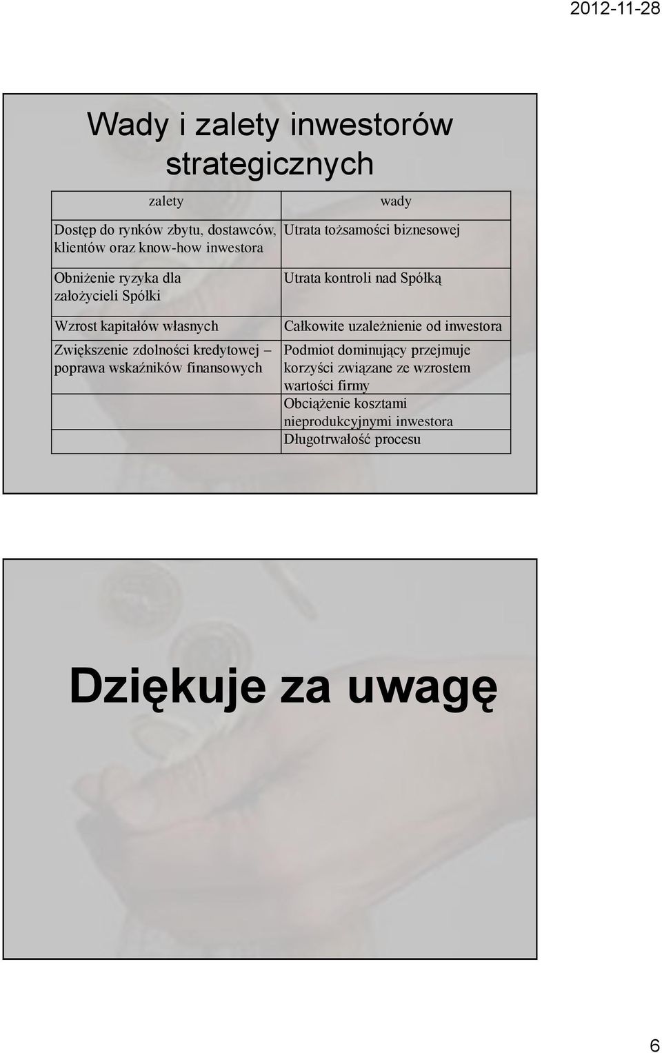 tożsamości biznesowej Utrata kontroli nad Spółką Całkowite uzależnienie od inwestora Podmiot dominujący przejmuje