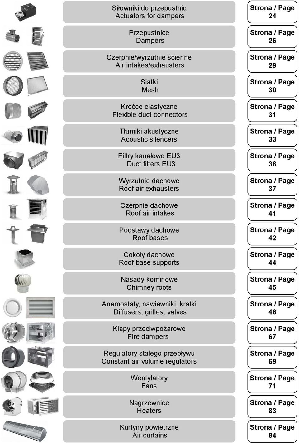 intakes 41 Podstawy dachowe Roof bases 42 Cokoły dachowe Roof base supports 44 Nasady kominowe Chimney roots 45 Anemostaty, nawiewniki, kratki Diffusers, grilles, valves