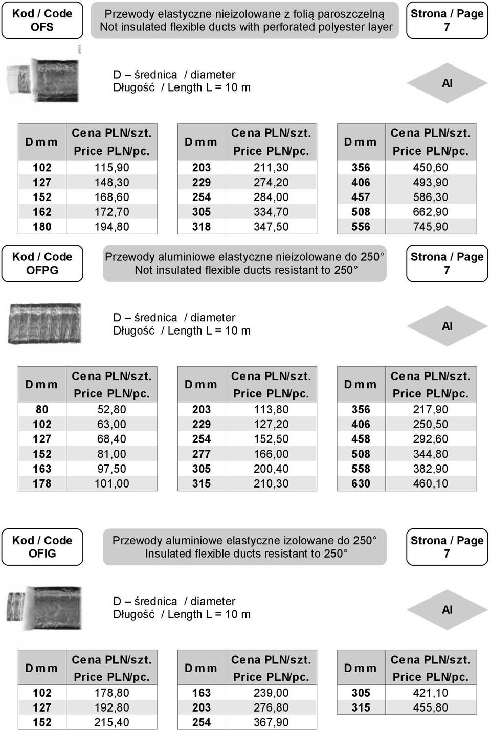 211,30 274,20 284,00 334,70 347,50 Al 356 406 457 508 556 Przewody aluminiowe elastyczne nieizolowane do Not insulated flexible ducts resistant to D średnica / diameter Długość / Length L = 10 m Ce