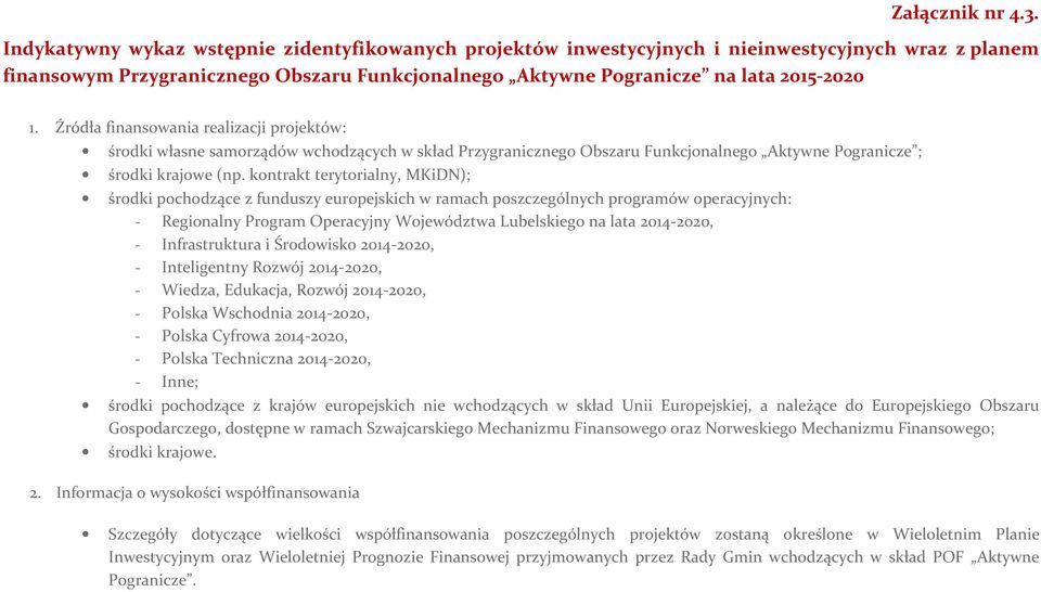kontrakt terytorialny, MKiDN); środki pochodzące z funduszy europejskich w ramach poszczególnych programów operacyjnych: - Regionalny Program Operacyjny Województwa Lubelskiego na lata 2014-, -