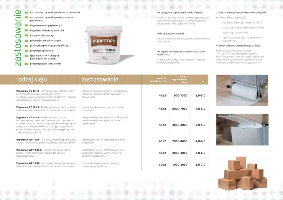 Parametry klejenia (zalecane): klejenie torebek Temperatura procesu klejenia 15 25 C Wilgotność względna powietrza 40 60 % klejenie etykiet na opakowania kaszerowanie tektury produkcja tulei