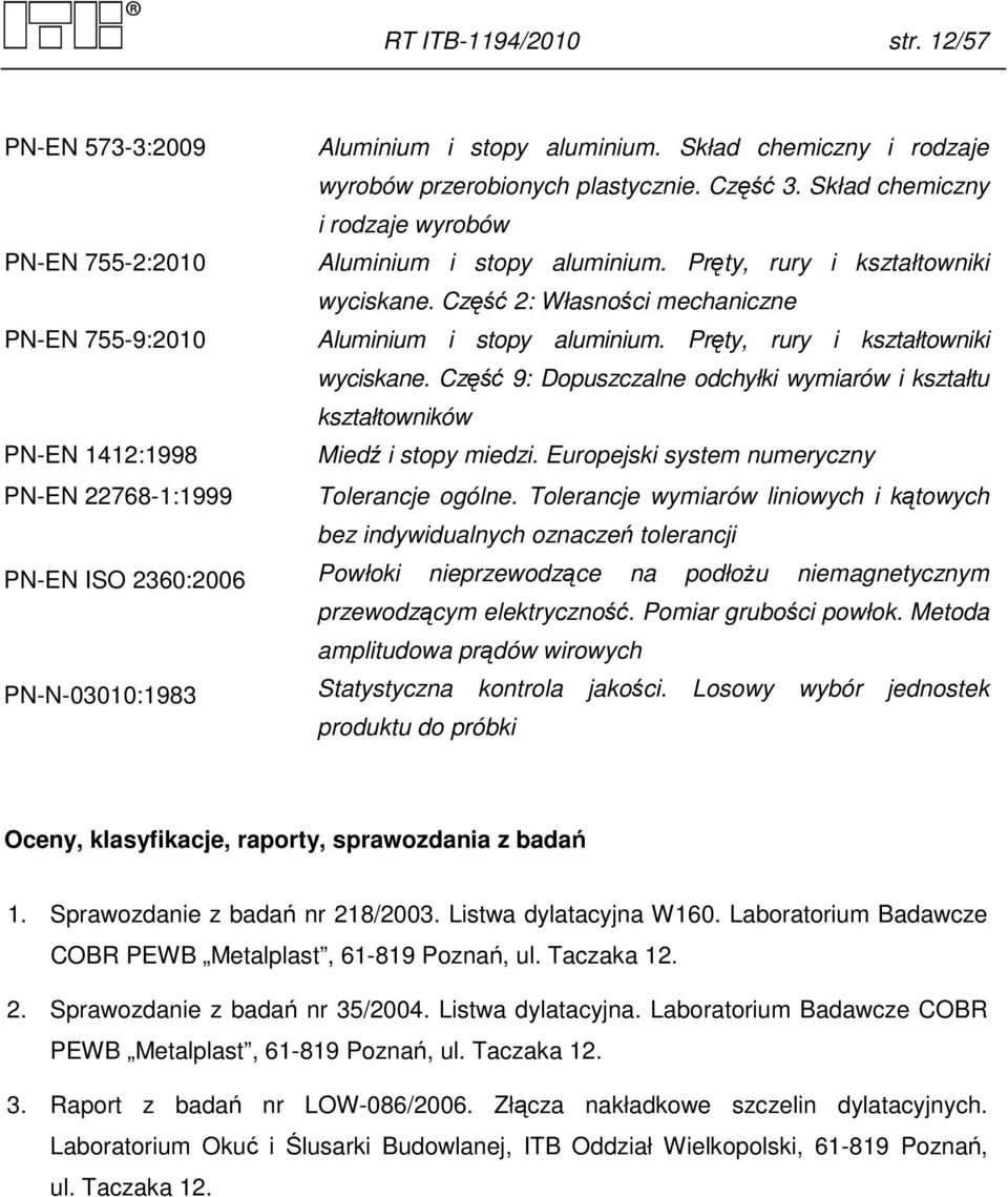 Część 2: Własności mechaniczne Aluminium i stopy aluminium. Pręty, rury i kształtowniki wyciskane. Część 9: Dopuszczalne odchyłki wymiarów i kształtu kształtowników Miedź i stopy miedzi.