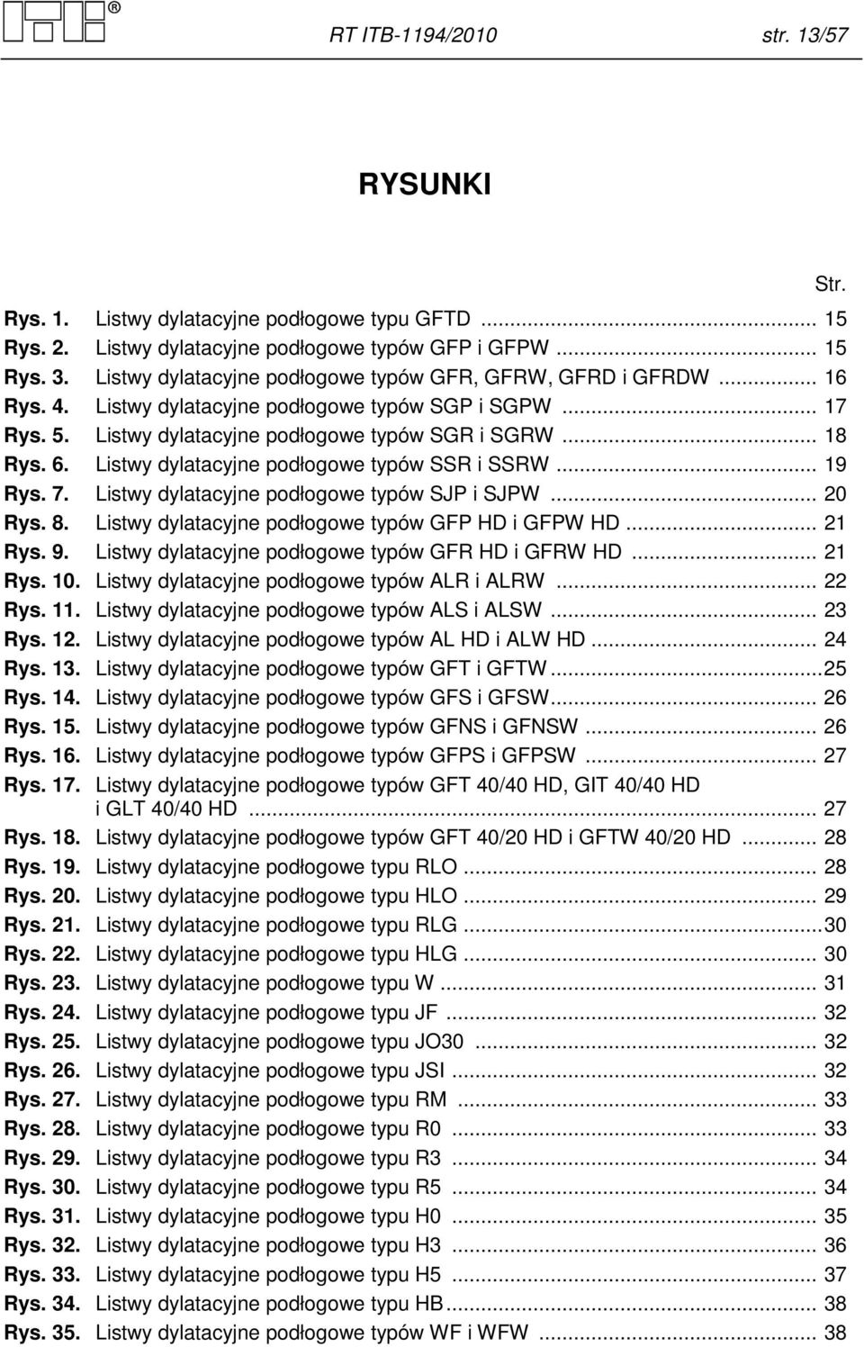 Listwy dylatacyjne podłogowe typów SSR i SSRW... 19 Rys. 7. Listwy dylatacyjne podłogowe typów SJP i SJPW... 20 Rys. 8. Listwy dylatacyjne podłogowe typów GFP HD i GFPW HD... 21 Rys. 9.